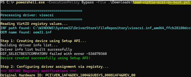 load-virtio-scsi-on-boot.ps1 - PowerShell script to forces Windows to install VirtIO storage drivers and flags them as boot-critical
