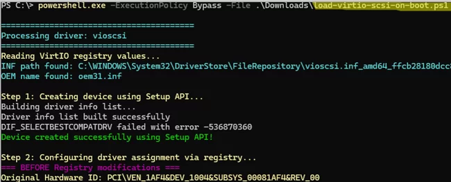 load-virtio-scsi-on-boot.ps1 - PowerShell script to forces Windows to install VirtIO storage drivers and flags them as boot-critical