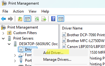Manually install a driver via the Print Management console