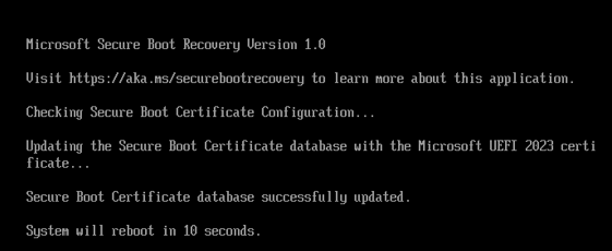 Microsoft Secure Boot Recovery - Updating the Security Certificate database with the Microsoft UEFI 2023 certificate.