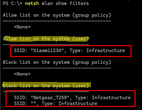 netsh wlan show filters