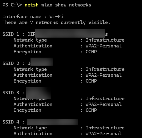 netsh wlan show networks - command to list all the available Wi-Fi networks nearby