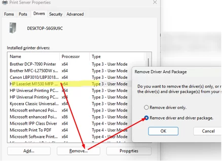 Remove driver and driver package via Print Server properties