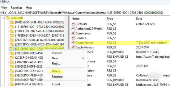Remove leftover entries for uninstalled apps from the registry key Uninstall
