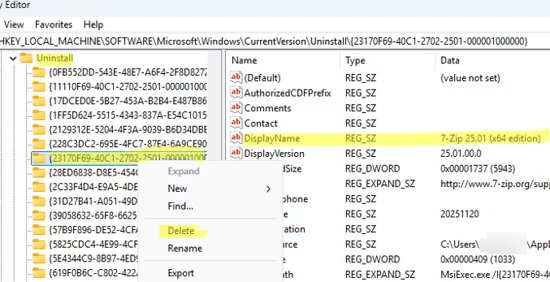 Remove leftover entries for uninstalled apps from the registry key Uninstall