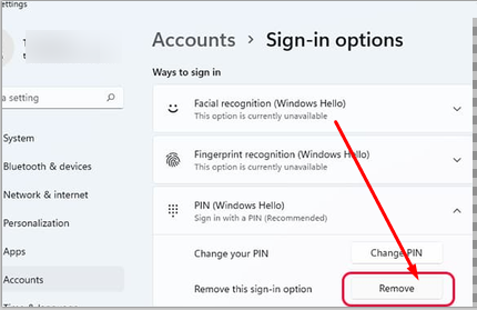 remove Windows Hello PIN