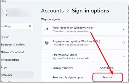 remove Windows Hello PIN