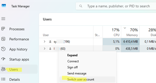 Switch user account from Task Manager