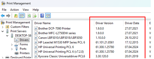 View printer driver versions and release dates.