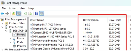 View printer driver versions and release dates.