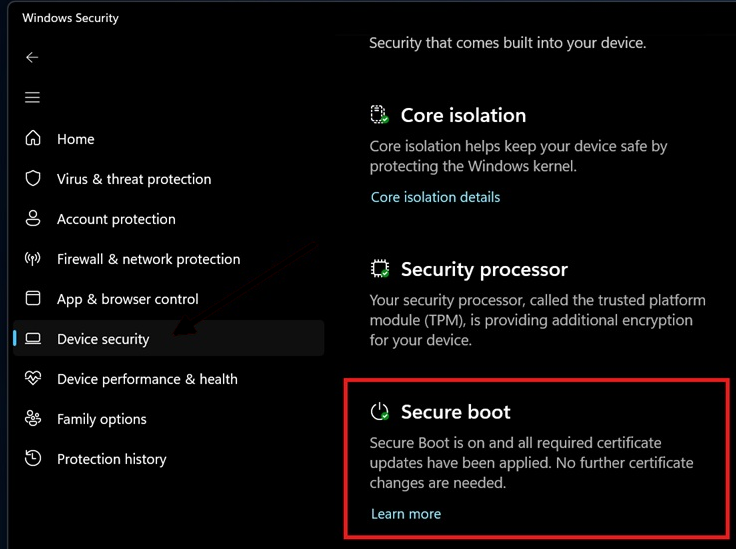 Windows Security: Secure Boot is on and all required certificate updates have been applied