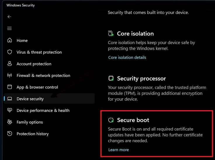 Windows Security: Secure Boot is on and all required certificate updates have been applied