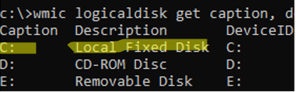 wmic logicaldisk get caption - identify local volume drive letters