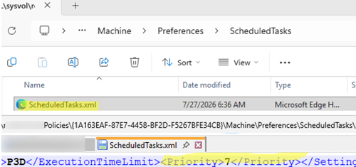 edit ScheduledTasks.xml file in SYSVOL