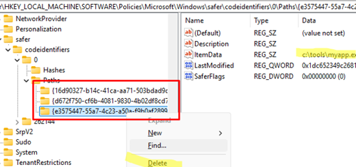 Manually deleting Software Restriction Policy rules from the registry