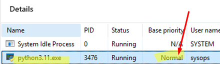 python.exe process starts with a normal priority when the app is running interactively