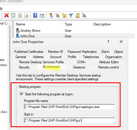 RDS: Start the following program at user logon - Environment tab in Active Directory