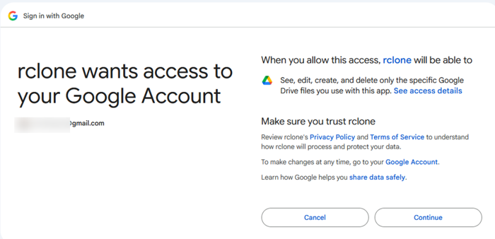 Approve Rclone access to Google Drive files