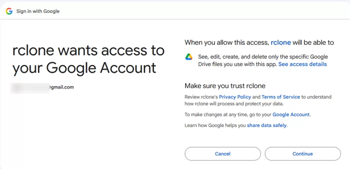 Approve Rclone access to Google Drive files
