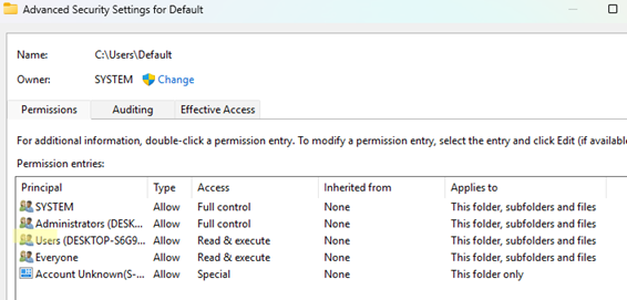 check C:\Users\Default\NTUSER.DAT file permissions