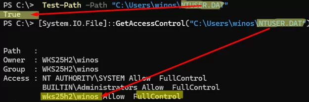 check NTUSER.DAT file exists and user permissions