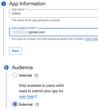Create an app in Google ccoubt