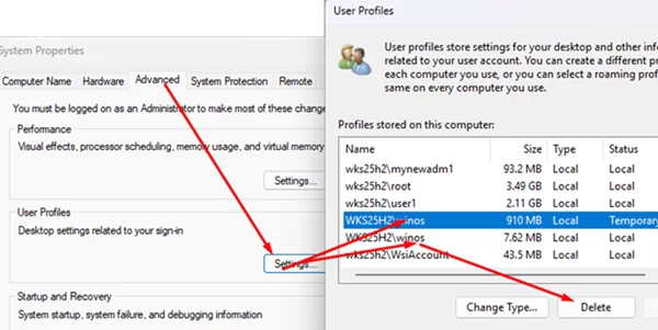 delete temporary user profile using System Properties