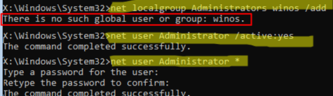 Enable built-in administrator account and set its password using net user command