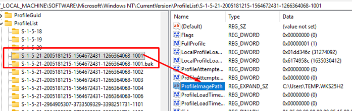 ProfileImagePath in registry contains path to user profile directory - this point to TEMP profile