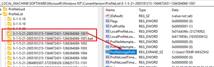 ProfileImagePath in registry contains path to user profile directory - this point to TEMP profile