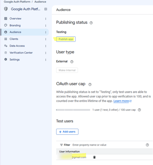 Publish a custom Google app and grant user permissions