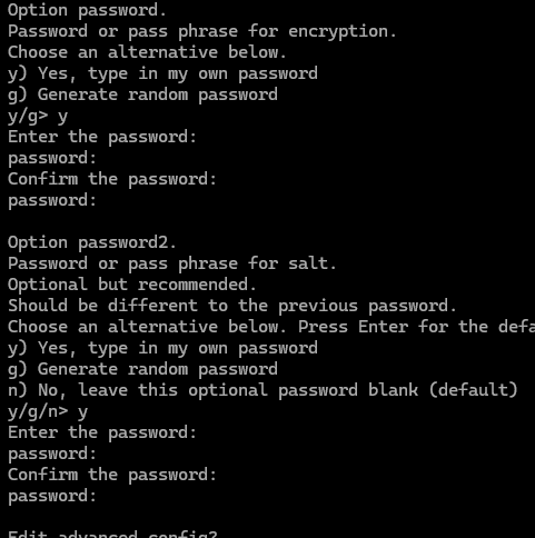 rclone set encryption key with the password and salt